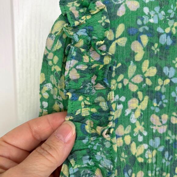 Zac & Rachel Wms M Green Floral Button Front Gauzy Top Ruffle Trim Cottagecore - Picture 6 of 11